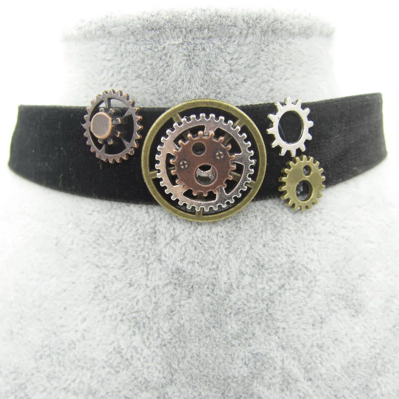 New Simple Style Black Farbic with DIY Vintage Gears Women`s Steampunk Velvet Choker