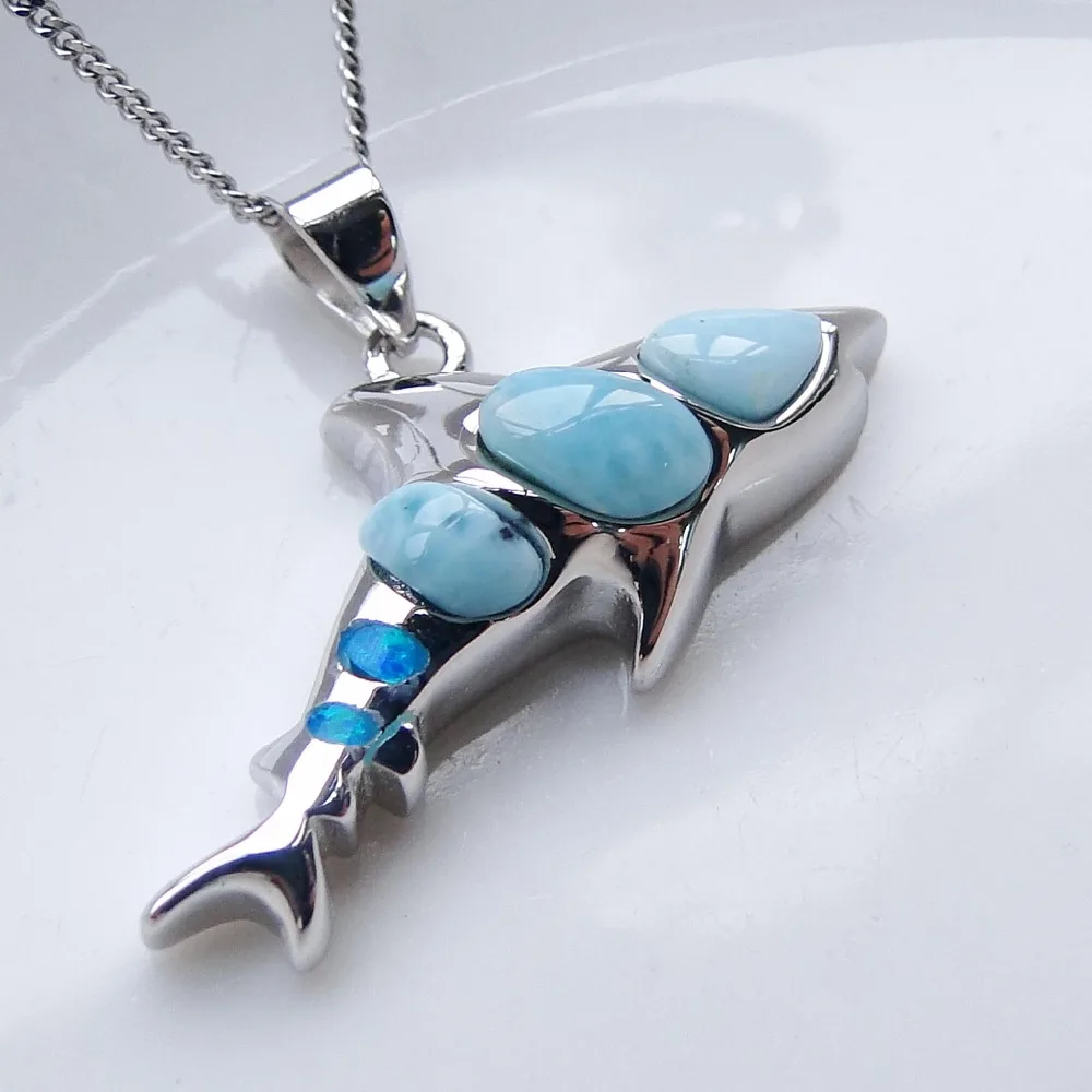 Natural Larimar Gemstone Pendant Cute Seafish Shark Pendant 925 Sterling Silver Opal Charms for Women Gift