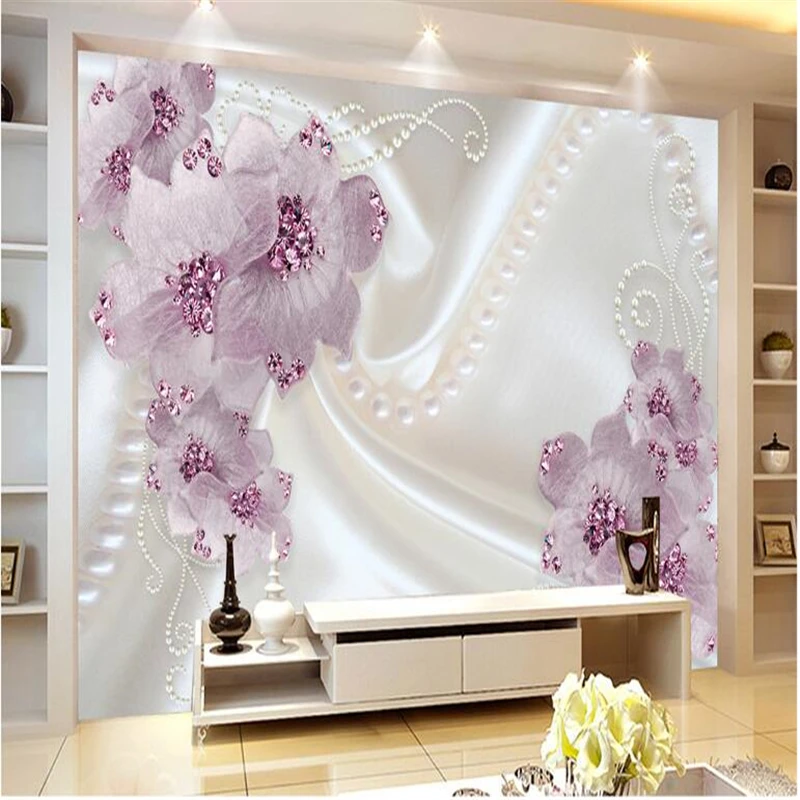 

custom Papel de parede Romantic simple pearl jewelry flowers parquet parede 3d TV contracted mural wall papers home decoration