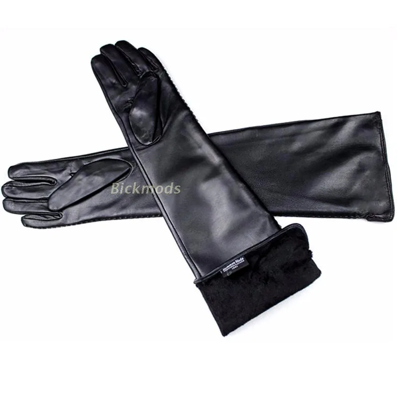 Guantes largos de piel de oveja para mujer, de piel auténtica, hasta el codo, estilo de botón a la moda, forro de terciopelo, calidez para otoño e invierno