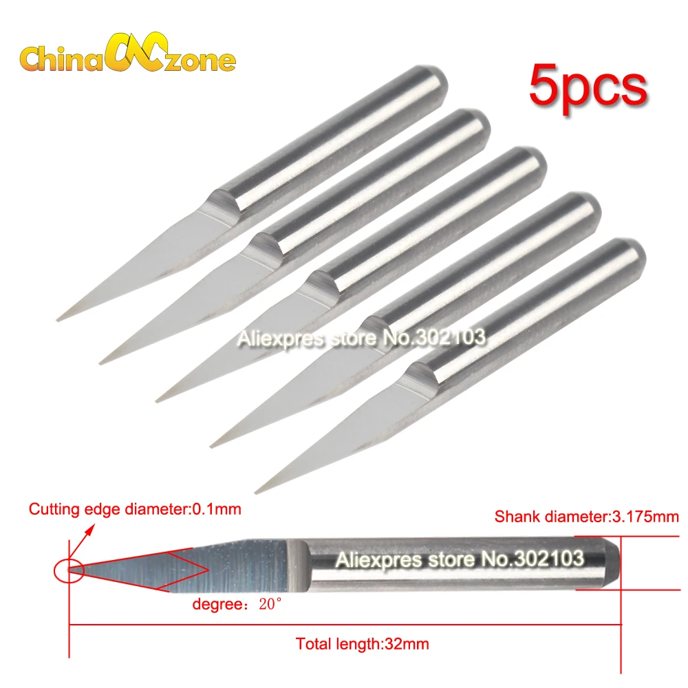 5pcs 3.175mm Tungsten Milling Cutter Carbide 1/8" Shank 20 Degree R0.1 PCB Engraving CNC Router Tools Bits