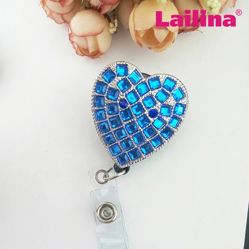 

free shipping Custome blue Sparkly Rhinestone Heart Retractable Badge Reel, ID Badge Holder, Brooch, Pendant