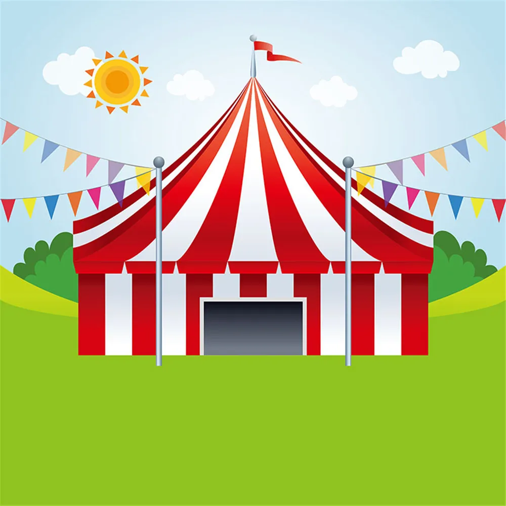 

Cartoon Circus Background for Photography Printed Sun Blue Sky Flags Green Grass Baby Kids Birthday Party Photo Booth Backdrops