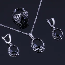 Stylish Oval Egg Black Cubic Zirconia Silver Plated Jewelry Sets Earrings Pendant Chain Ring V0275