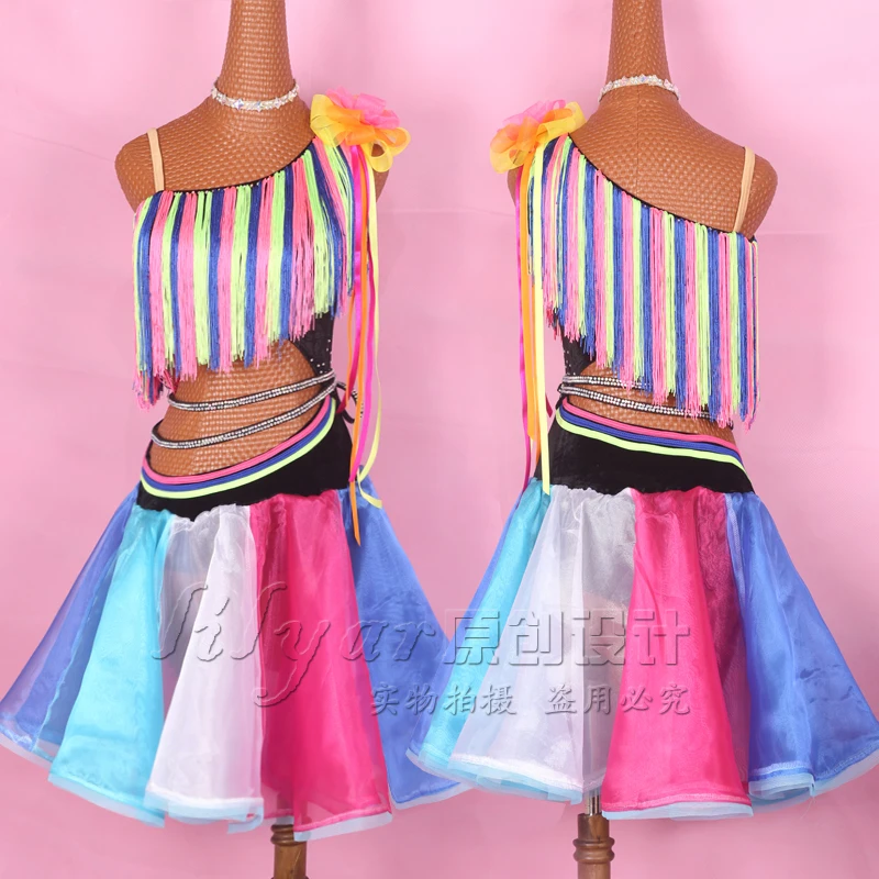 

New latin dance dress women Tassel performance dress inclined shoulder colorful tassel fishbone skirt