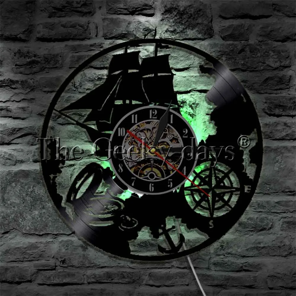 Ship Navigation Theme Vinyl Record Vintage Light Nautical LED Wall Art Lighting Clock Sailor Magical Wall Lamp