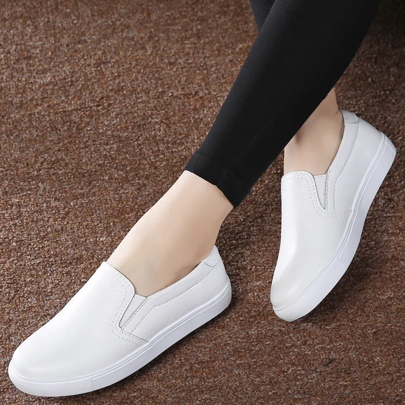 WOIZGIC Women Ladies Female Gril Genuine Leather White Shoes Flats Platforn Sneakers Slip On Soft Vulcanized Shoes ZQMF-960