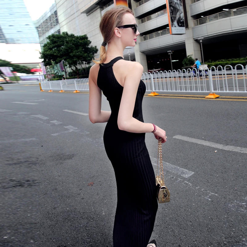 New Women Long Knitting Dress Spring Sexy Slim Bodycon Dresses Elastic Skinny Split Dress Brief Halter Black Dresses Vestidos