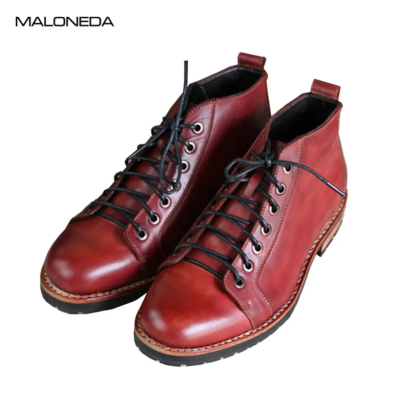 MALONEDE Bespoke Red Wine Color Handmade Goodyear Genuine Leather Lace up Casual Short Boots for Men EUR Size 37-47