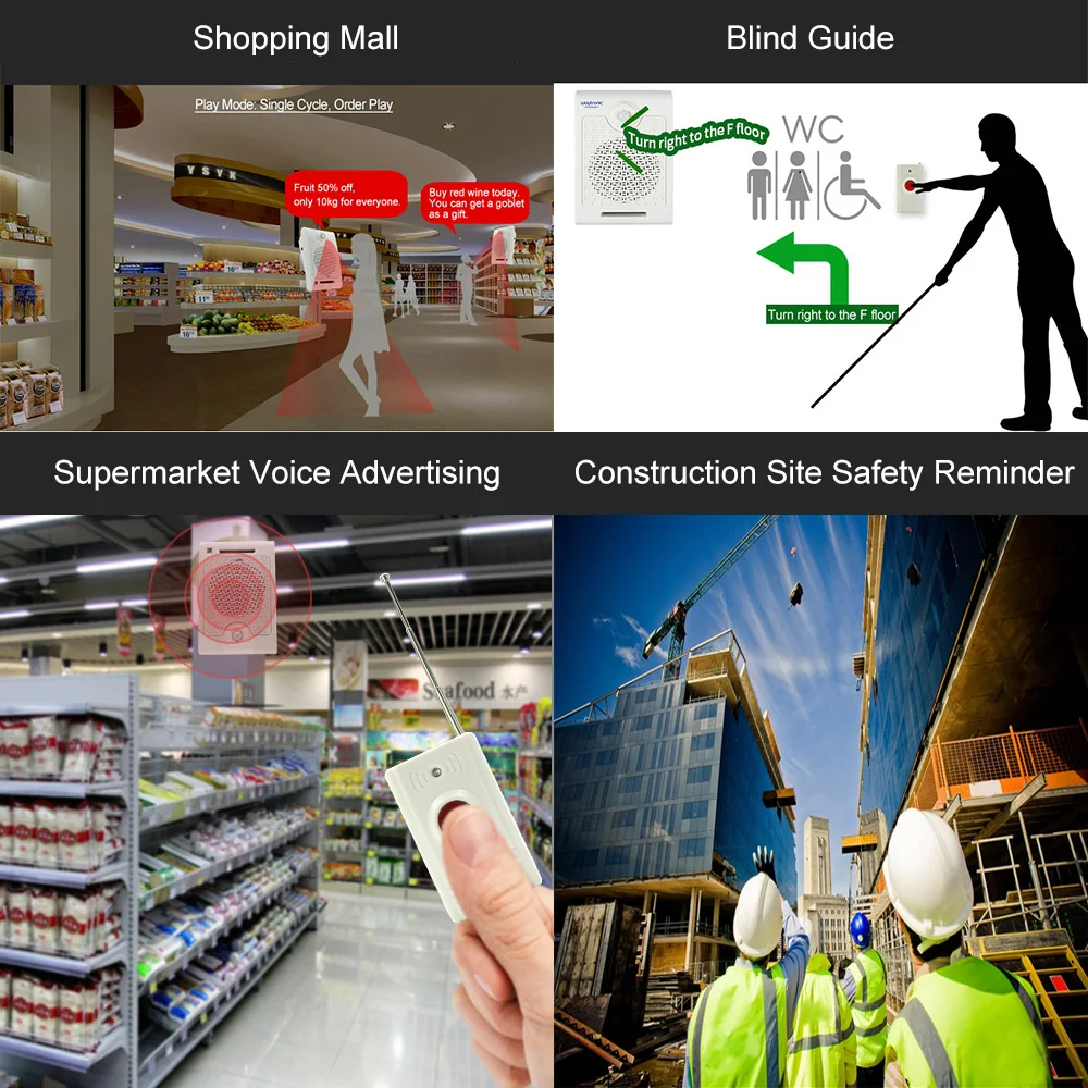 Montagem na parede botão de sensor de movimento pir de alta potência ativado amplificador de som alto-falante para atenção de segurança guia cego lembrete de voz