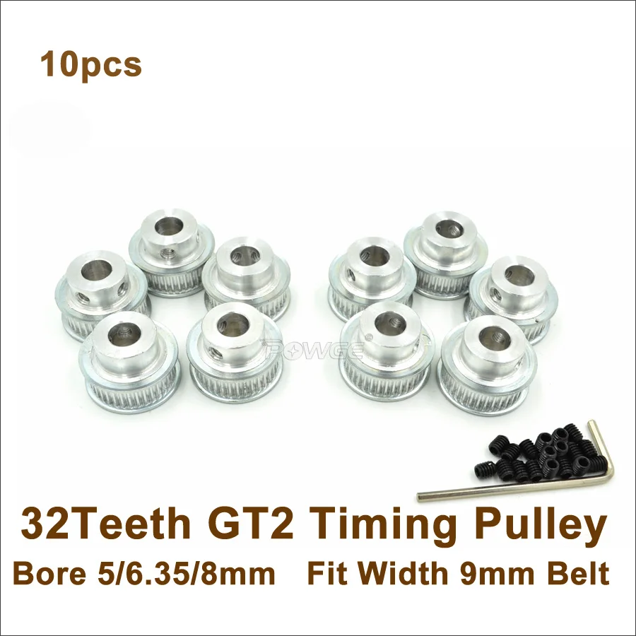 

POWGE 10pcs 32 Teeth 2GT Timing Belt Pulley Bore 5-10mm Fit W=9/10mm 2GT Timing Belt 3D Printer 32teeth 32T GT2 Timing Pulley