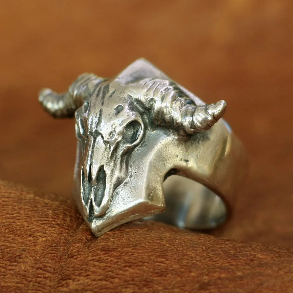 

925 Sterling Silver Buffalo Skull Bull Horn Ring Charms Animal Jewelry TA133 US Size 7~13