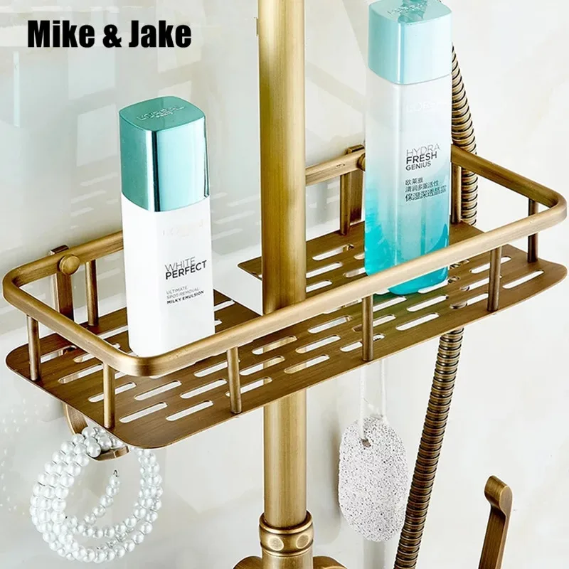 

Bathroom antique brass shower set shelf cosmetic holder bathroom shower bar shelf with hooks basket for bathroom shelf