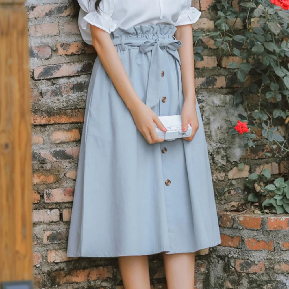 

Summer Autumn Skirts Womens 2019 Cotton Midi Knee Length Korean Elegant Button High Waist Skirt Female Pleated School Skirt