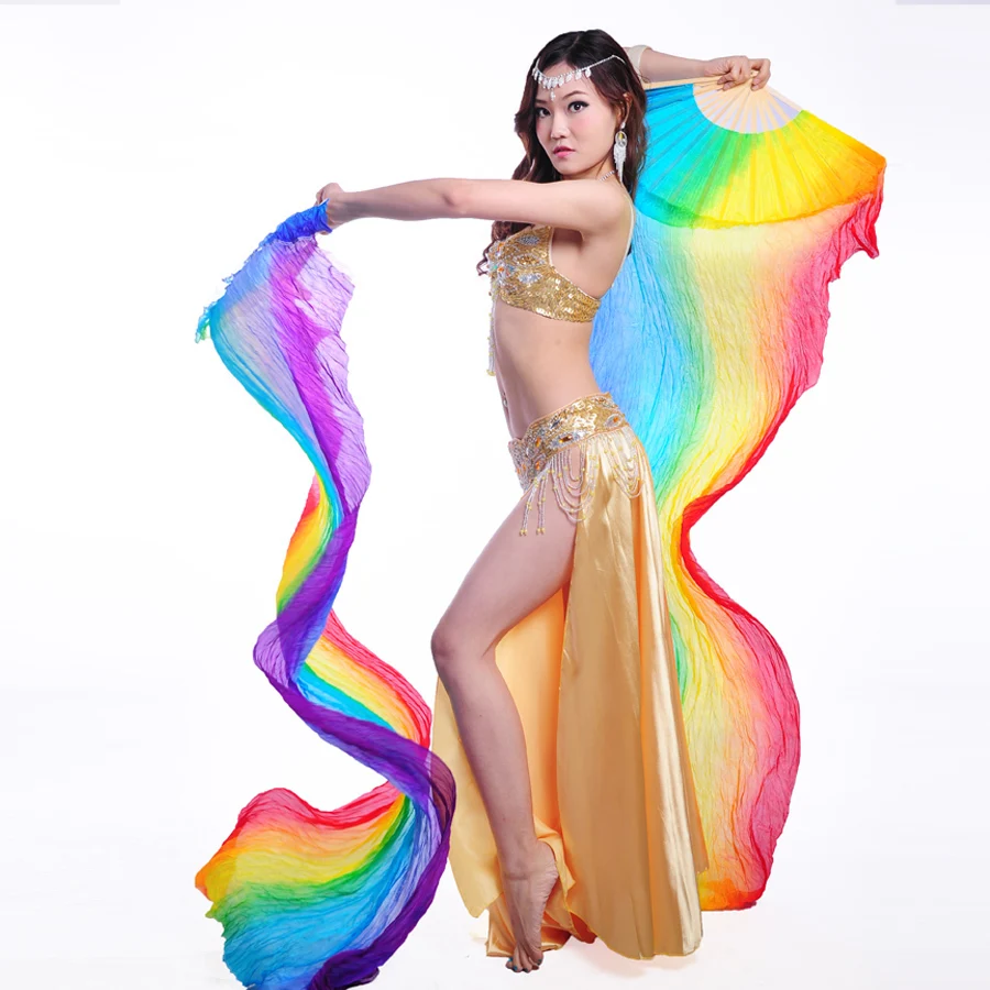 

Women 1 Pair 100% Silk Veil Belly Dance 200cm Long Silk Veils Fan Belly Dance Rainbow Stage Performance Props