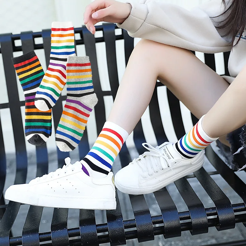 2024 new women socks 1 pair long cotton rainbow color striped printed novelty fashion lady autumn socks