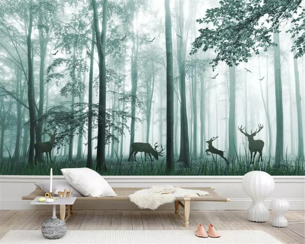 

relief wallpaper nature Foggy woods Plum blossom deer mural bedroom living room sofa TV background wall 3D wallpaper