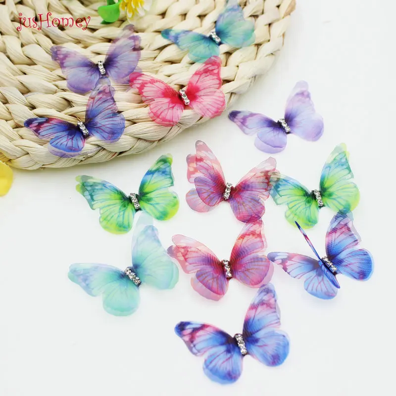 56PCS Gradient Color Organza Fabric Butterfly Appliques 38mm Translucent Chiffon Butterfly for Party Decor, Doll Embellishment