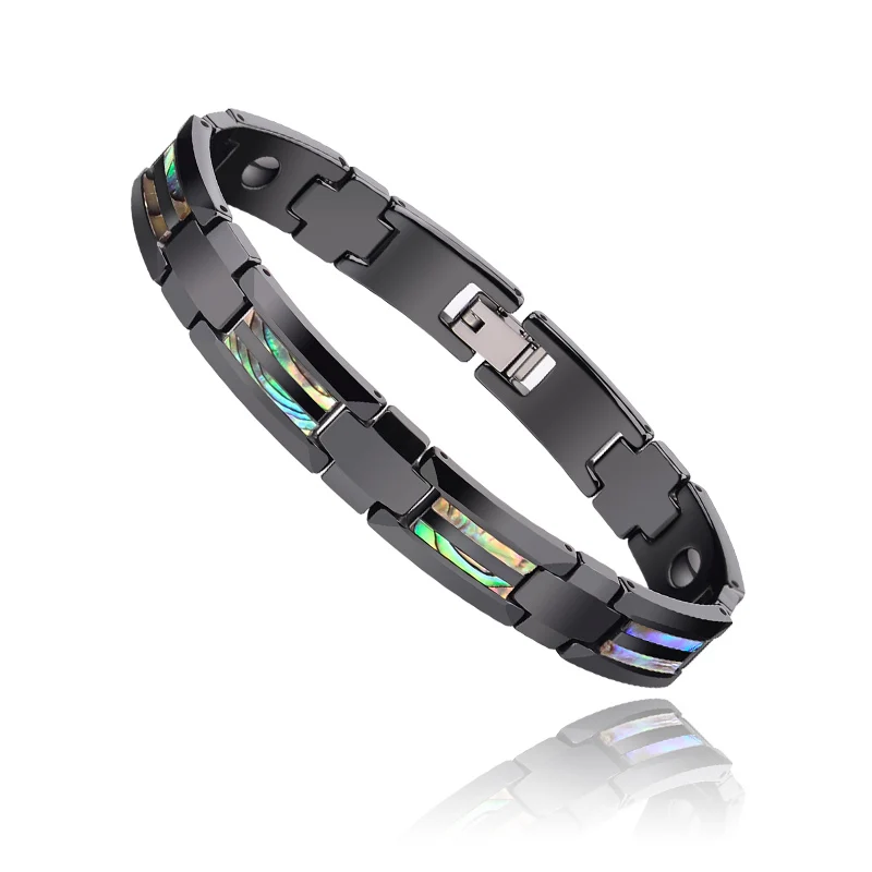 New Fashion Colorful Natural Deep Sea Shells Inlay Black Ceramic Energy Magnetic Bracelets for Man/Boys Free Shipping