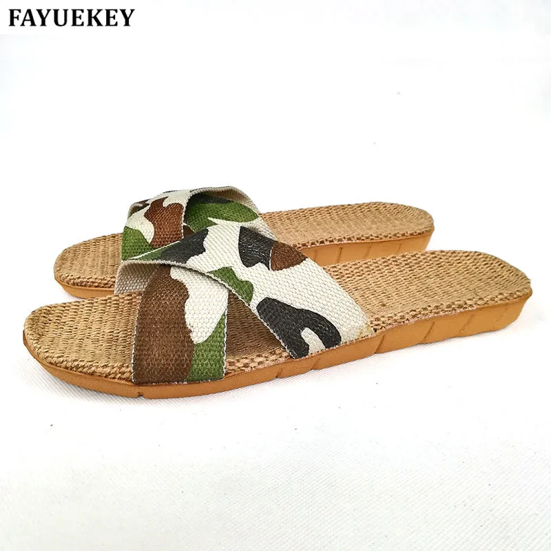 

FAYUEKEY New Summer Home Linen Breathable Slippers Men Camouflage Cross Belt Floor Beach Open-Toed Slippers Shoes