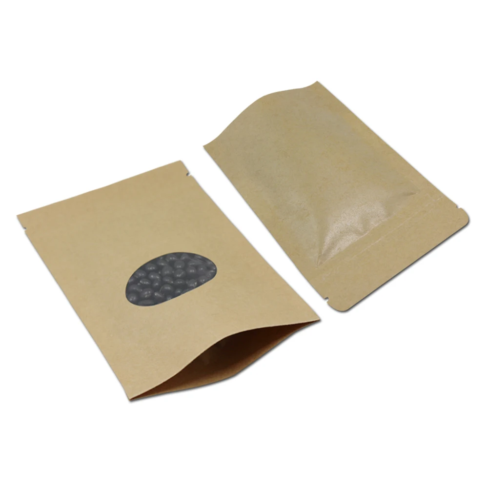 100pcs/lot Brown Kraft Paper Stand Up Reclosable Valve Food Beans Storage Bag W/ Round Clear Window Plastic Zip Lock Package Bag