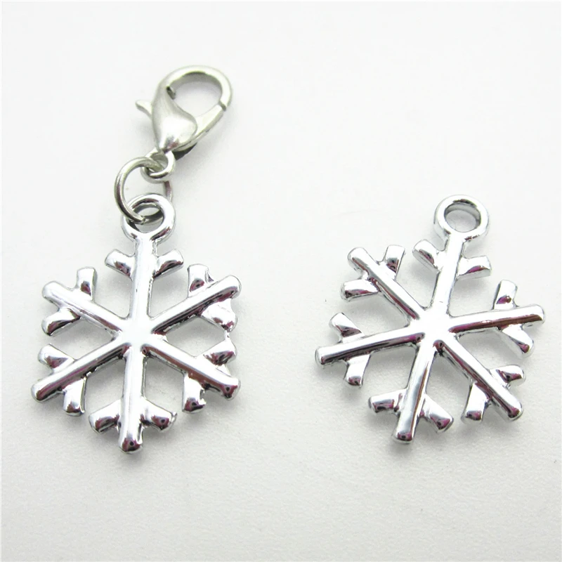 30pcs/lot Silver Snowflake Dangle Charm Lobster Clasp Charm DIY Bracelets Necklace Pendants Hanging Floating Charms Jewelry