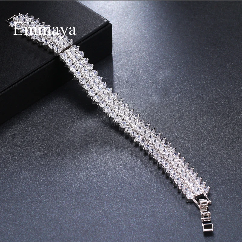 Emmaya Luxury Crystal 3 Rows Bracelet Zircon Silver Color Bangles For Women Pulseiras Bijoux Femme Bridal Wedding Jewelry