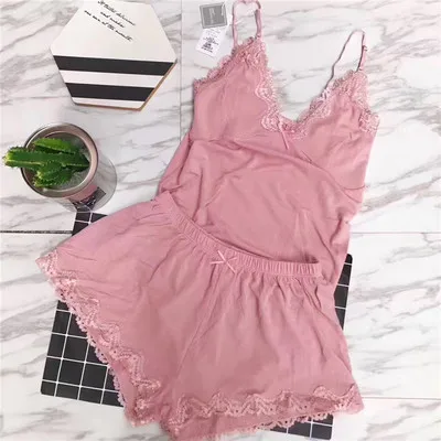 Daeyard Two Pieces Cotton Pajama Set Sexy Lace Top And Shorts Summer Pyjamas Sleepwear High Elastic Pijama Nightie Home Clothes