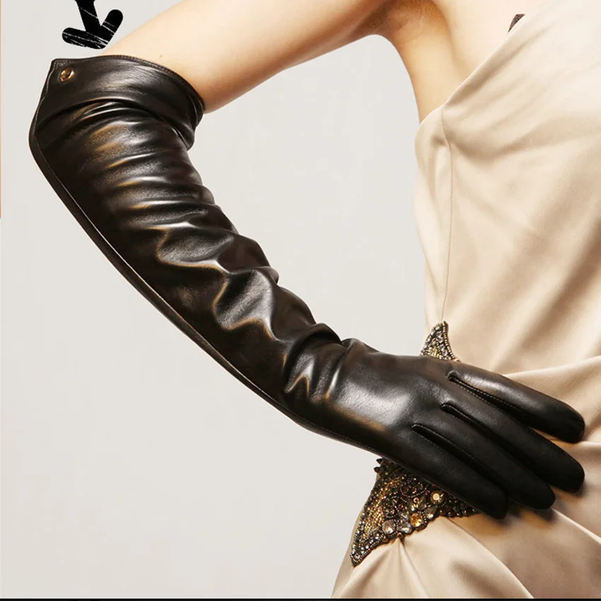 Fashion Sale 51cm Long Women Leather Gloves Five Finger Solid Real Sheepskin Banquet Genuine Opera Driving Glove EL017NC