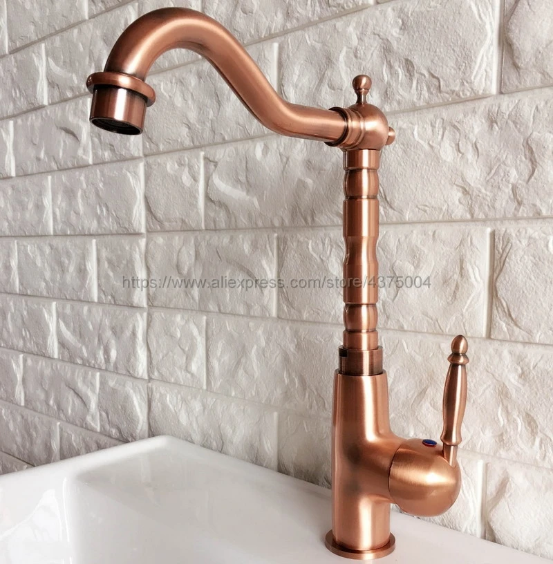 Antique Red Copper Faucet Retro Style Basin Faucet Rotating Single Handle Single Hole Hot And Cold Water Tap Nnf413