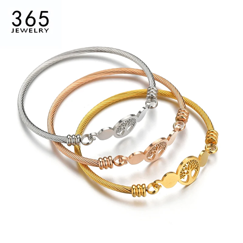 Fashion Stainless Steel Hollow Tree of Life Bracelets Women Men Gold Color Lucky Round Bangle Jewelry Gift Drop shipping