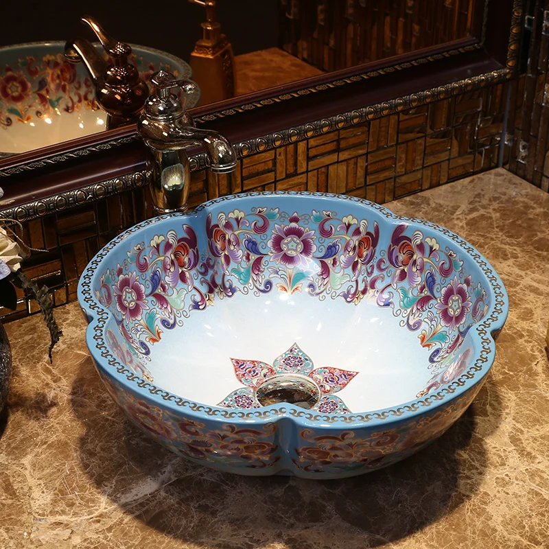 

Europe Vintage Style Art wash basin sink Countertop Basin Sink ceramic sink top washing basin bathroom flower shape