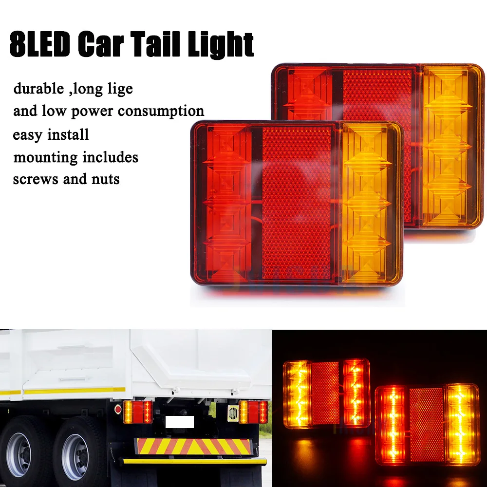 2Pcs Waterproof 8 LED Tail Lights Rear Lamps Pair Boat Trailer 12V Rear Parts For Truck Vans ATV Lorry Caravans Car Lighting