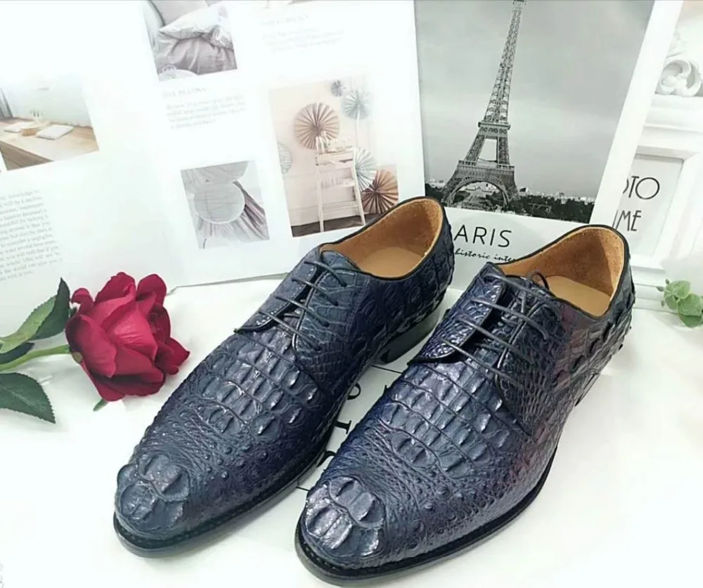 100% Genuine real crocodile head skin men shoe durable solid crocodile tail skin men dress business shoe dark blue color