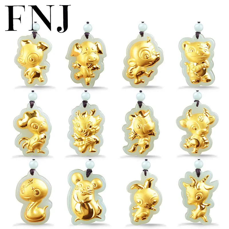 FNJ 1 piece 24K Gold Mosaic Pendant Natural Hetian Jade with certificate box Dragon Rabbit Horse Snake Ox Goat Monkey Necklace