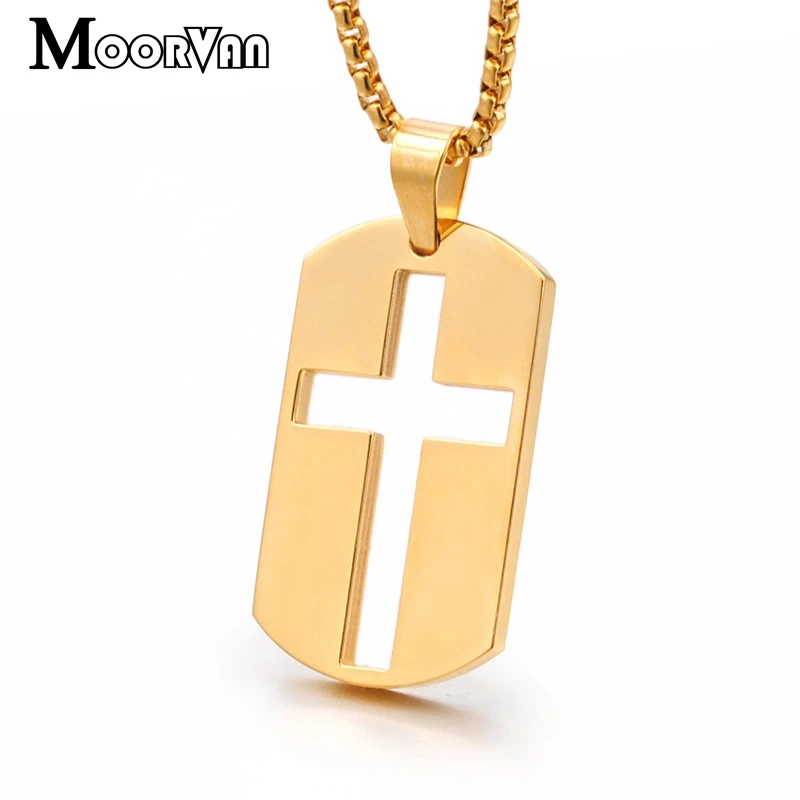 Moorvan fashion dog tags gold color stainless steel hollow cross necklace box chain crucifix pendant necklaces for mens womens