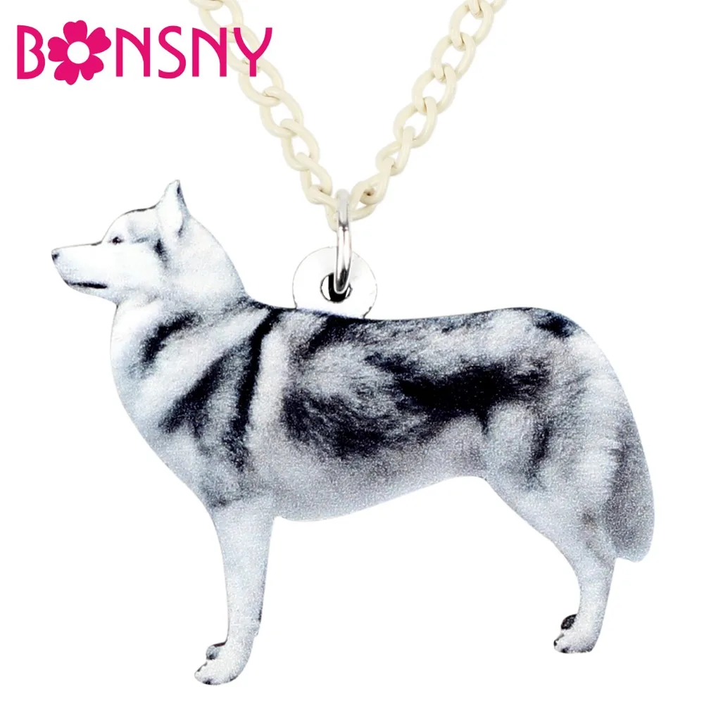 Bonsny Acrylic Standing Siberian Husky Dog Necklace Pendant Chain Choker Animal Jewelry For Women Girls Ladies Gifts Pets Lovers