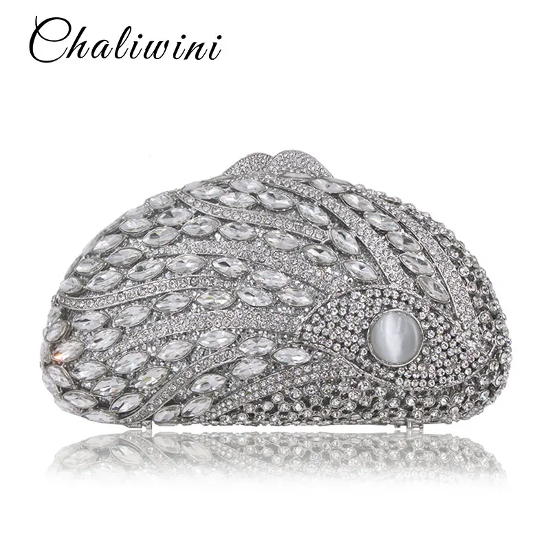 Chaliwini Silver Gold Color Dazzling  Crystal Diamond Evening Bag Metal Hard Case Minaudiere Handbag Purse Wedding Party Clutch