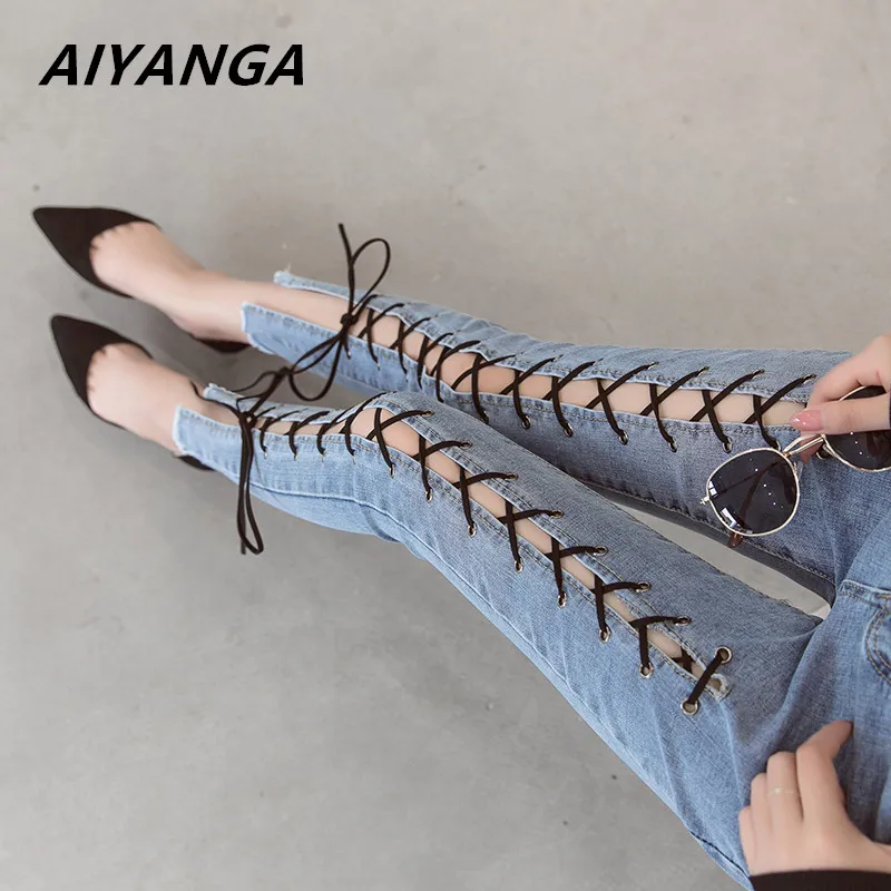 

Women Jeans 2024 Summer Fashion Hollow Out Cross Strap Bandage Denim Pencil Pants Ladies Mid Waist Sexy Lace Up Hole Tight Jeans