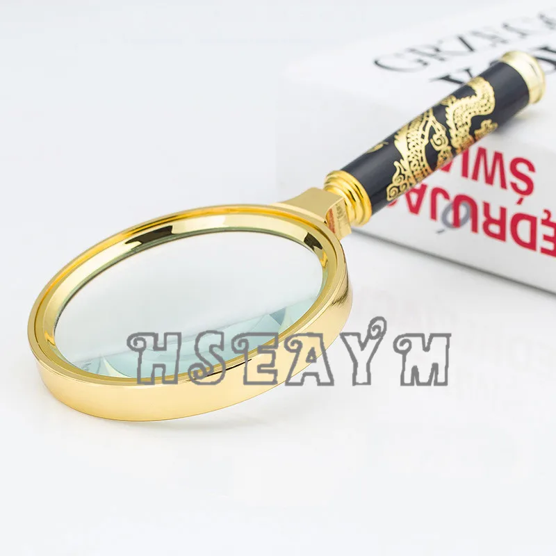 80mm Handheld Magnifier Dragon Handle Gilded Artware Reading Newspaper Identify Jewelry Magnifying Glass Loupe