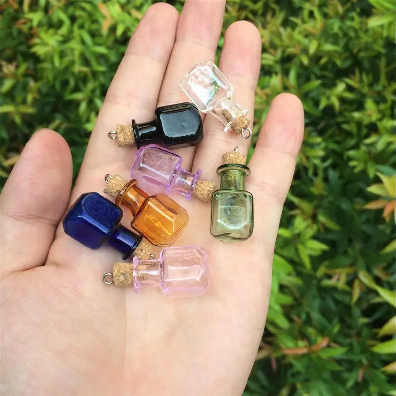 Mini Wishing Bottles with Metal Loop, Rectangle Crafts Gift Pendants, DIY Glass Jars, Mix 7 Colors