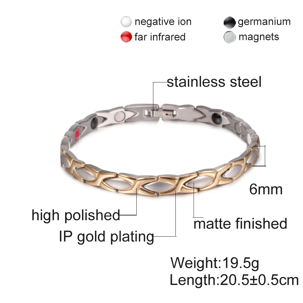 Vinterly Magnetic Bracelet Benefits Gold-color Stainless Steel Bracelets Women Chain Link Energy Germanium Charm Jewellery