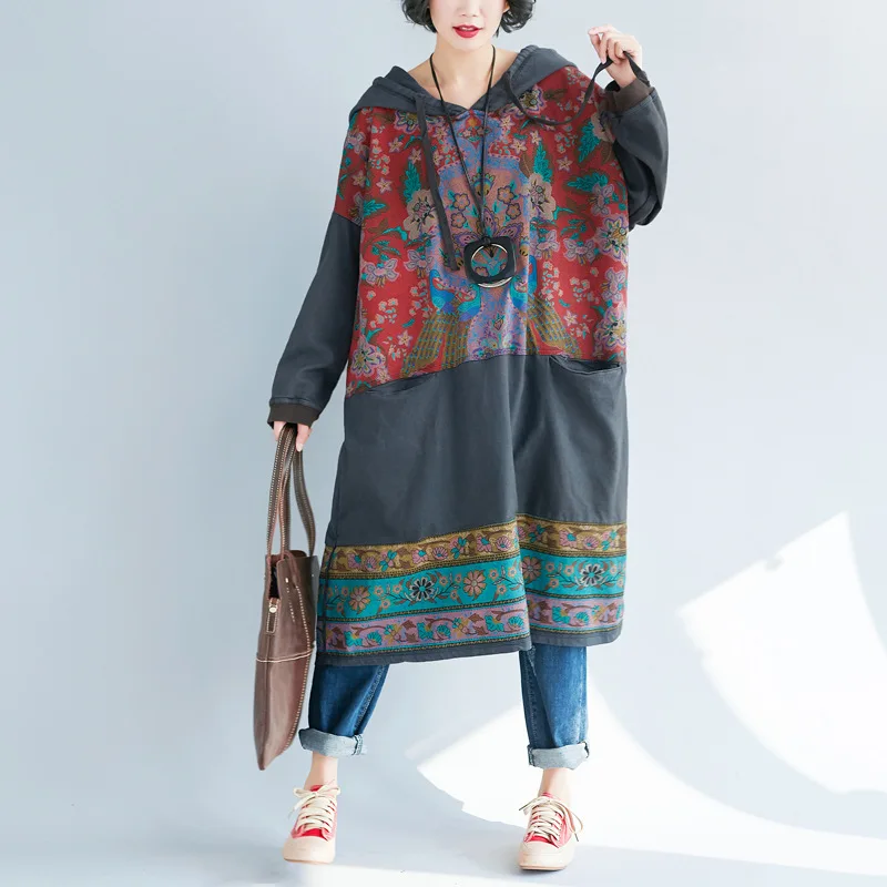 

Women Drawstring Hooded Dress Vintage Print Dress Casual Oversize Patchwork Bat Sleeve Baggy Knitted cowboy Dress