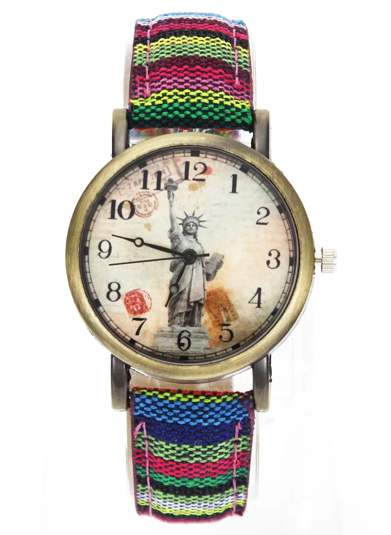 Statue of Liberty Denim Fabric Band Multicolor Canvas Strap Cloth Belt Fashion Unisex Quartz Wrist Watch