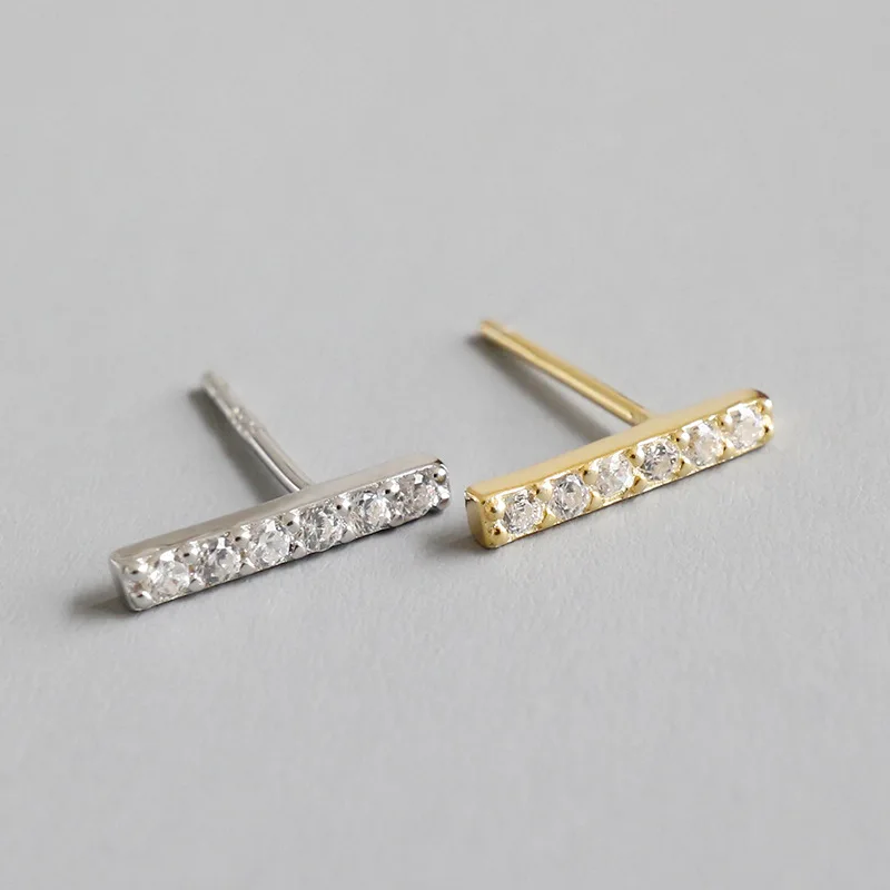 1PAIR Authentic 925 Sterling silver Micro Pave CZ Zirconia AAAA+ Geometric Lucky Straight Bar Stud earrings jEWELRY TLE524