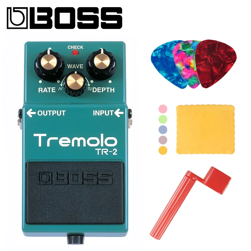 Boss TR-2 Audio Vintage Tremolo Pedal with Rate, Depth, and Wave Controls Bundle with Picks, Polishing Cloth and Strings Winder