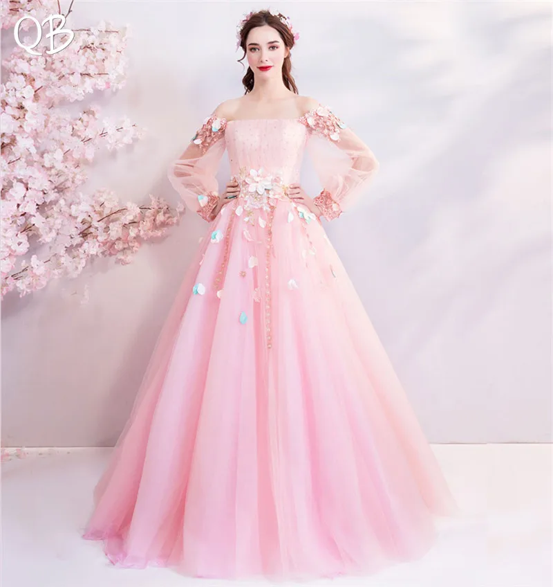 Pink A-line Long Sleeve Tulle Lace Appliques Elegant Formal Evening Dresses 2020 New Fashion Bride Party Prom Dress XK205