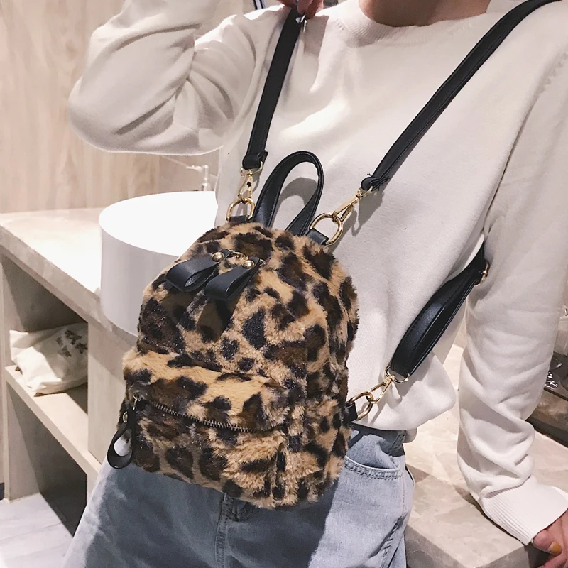 Autumn And Winter Cute Mini Leopard Backpack Velour Double Shoulder Bag Chain School Bags For Girls Children Backpacks 107