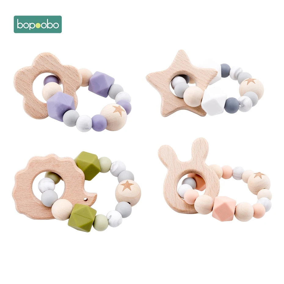 Bopoobo 1 pc sonajero de bebé de conejo madera dentición mordedor de silicona pulseras Montessori juguetes para los niños, regalo de juguetes,