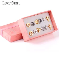 LUXUSTEEL 6pairs/box Cubic Zirconia Earring Sets Stainless Steel Mixed Color Cross/Flower/Round Shape Stud Earring Bijoux Ladies